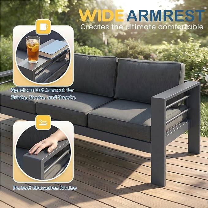 Solaste Aluminum Patio Furniture Set for All Weather, Oversized Metal Outdoor Furniture Set with 27.5" Deep Seating and 3.2" Wide Armrest, Patio Conversation Set with 5" Cushion, Black and Grey