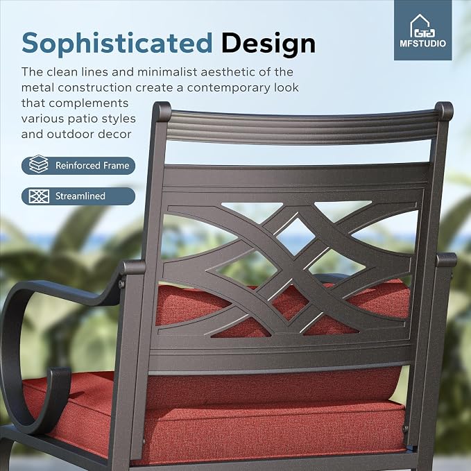 MFSTUDIO 5-Piece Patio Dining Set, 37" Square Metal Table, Swivel Chairs | Umbrella Hole, Red, Seats 4