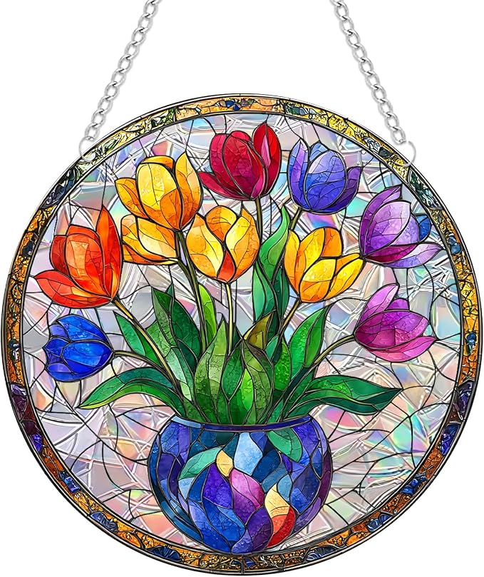 Acrylic Suncatcher Window Hanging, Tulip Flower Sun Catcher Rainbow Indoor Window Decoration for Living Room Bedroom Summer Home Balcony Ornaments, 7.87 inches