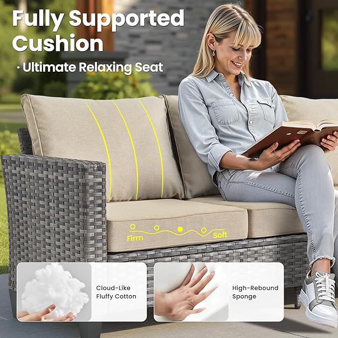 ovios 7 Pieces Patio Furniture Set, Outdoor Wicker Sofa Couch with Swivel Chairs, Rocking Glider Rocker with Comfy Cushions All Weather Rattan Conversation Set, Beige