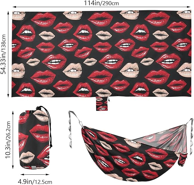 Camping Hammock Outdoor Hammocks for Outside Red Lips 1 Beach Trees Portable Lightweight with Pockets Tree Straps Indoor