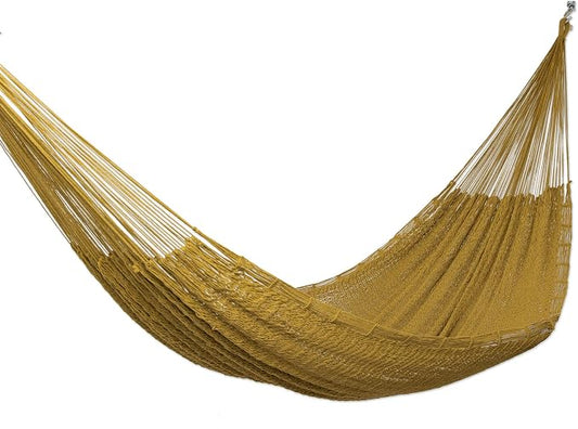NOVICA Handcrafted Ocher Cotton Rope Hammock, 79" x 91" - Supports 550 lbs, Fits 3 People - Made with Cotton and Nylon Ropes,(Triple) Uxmal Ocher