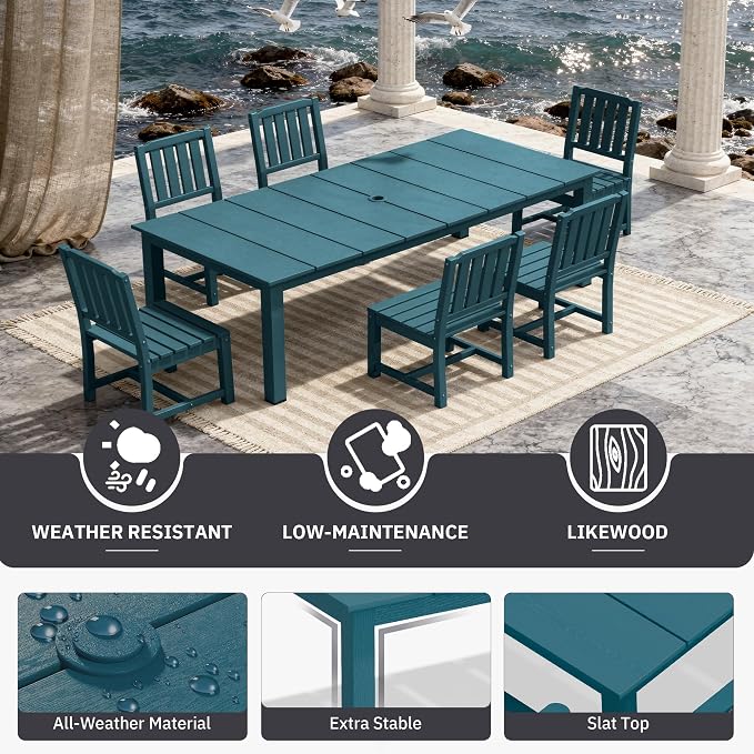 AreShark 7-Piece Outdoor Dining Set,HDPE Patio Table with 6 Armless Chairs,All-Weather Patio Furniture Set with Umbrella Hole,Low Maintenance Wood Grain Dining Set for Backyard,Garden,Poolside,Black