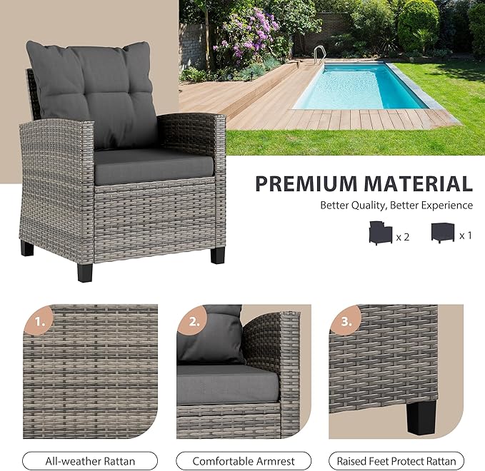 Vongrasig 3 Pieces Patio Furniture Set Small Outdoor Wicker Rattan Front Porch Bistro Set Cushioned Patio Chairs Conversation Set with Glass Table for Lawn, Garden, Backyard, Balcony, Gray