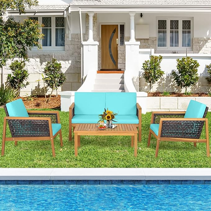 HAPPYGRILL 4 Pieces Patio Conversation Set Acacia Wood Furniture Set with Coffee Table, PE Rattan Wicker Sofa Set with Soft Cushions for Outdoor Garden Deck Poolside