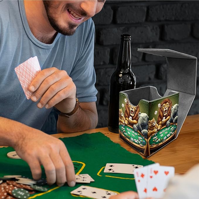 Deck Box for MTG, Cards Storage Box Fits 120+ Sleeved, Leather Medium Size Strong Magnetic Closing Card Case for Board Games Magic TCG CCG Baseball Collection, Elephant Lion