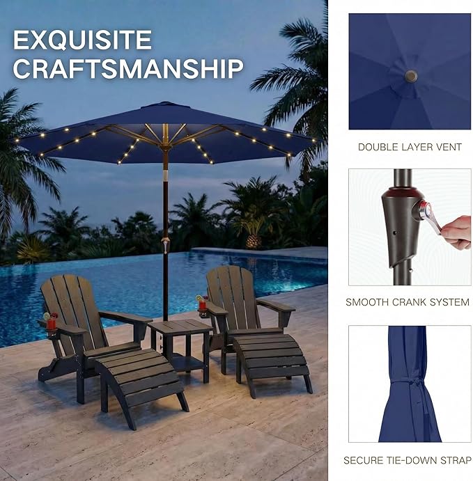 Kingdura 9FT Outdoor Patio Umbrella with Solar Lights, Market Table Umbrella with Push Button Tilt & Crank, 8 Sturdy Ribs, 32 LED Lights, UV Protection for Garden Lawn Deck Backyard Pool (Navy blue)