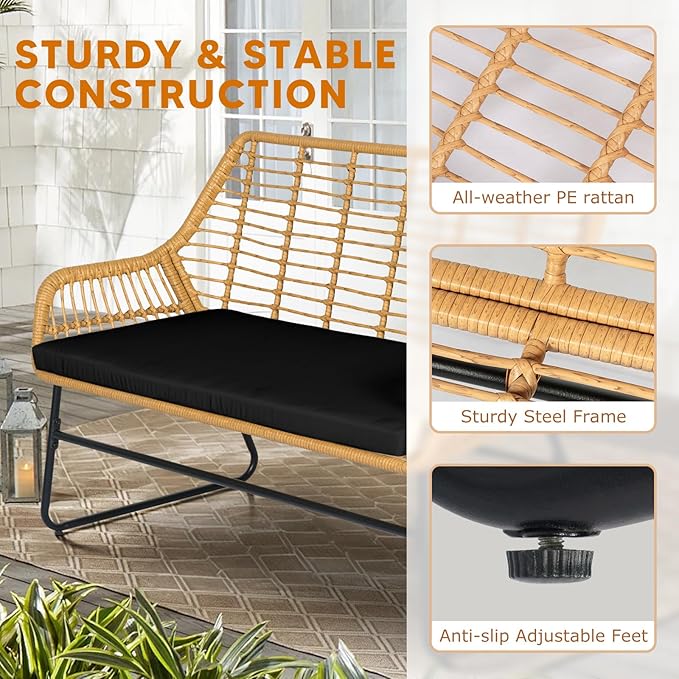 4 Piece Outdoor Wicker Patio Conversation Bistro Set, Rattan Patio Furniture Set with Table and Cushions, Conversation Loveseat Chairs for Backyard, Balcony, Black
