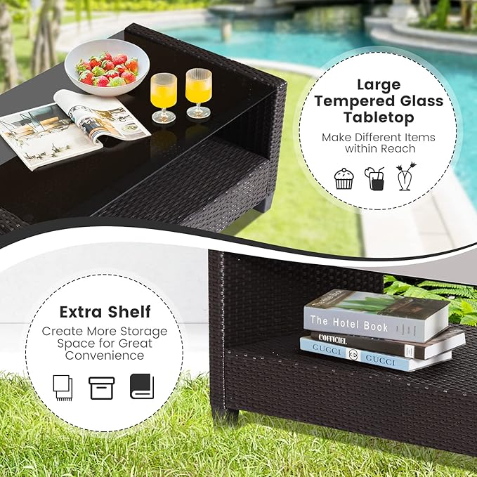 HAPPYGRILL 4 Pieces Patio Furniture Set Outdoor PE Rattan Conversation Set with 2-Tier Coffee Table, Extra Storage Shelf and Cushions, Patio PE Wicker Sofa Set for Garden Backyard Poolside