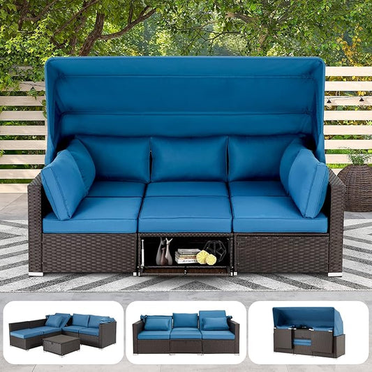 HOMREST 6 Pieces Patio Furniture Sets, Rattan Daybed with Retractable Canopy, Outdoor Sectional Sofa Set with Adjustable Backrest, Chaise Chair Sunbed for Garden Poolside Backyard (Blue)