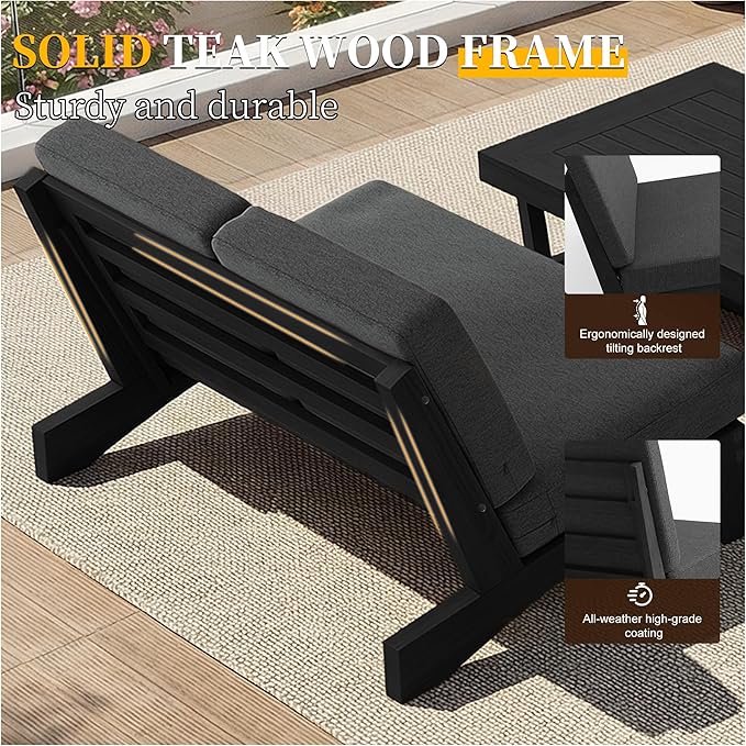 UIXE 6 Pieces All Weather Black Wood Patio Furniture Sets, 2 Patio Loveseat, 2 Patio Bistro Chair, Outdoor Sectional Sofa Furniture Backyard Conversation Set with Coffee Table - Dark Gray