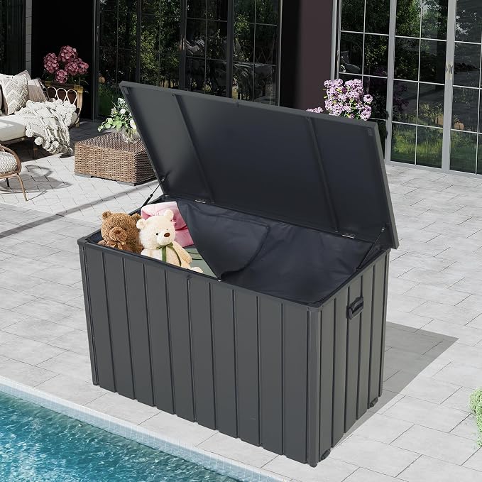 Outdoor Storage Box, Deck Box, 200 Gallon Metal Patio Storage Box, Lockable Gray Water Outside Storage Bin with Oxford Fabric Bag, Hydraulic Pistons and Wheels