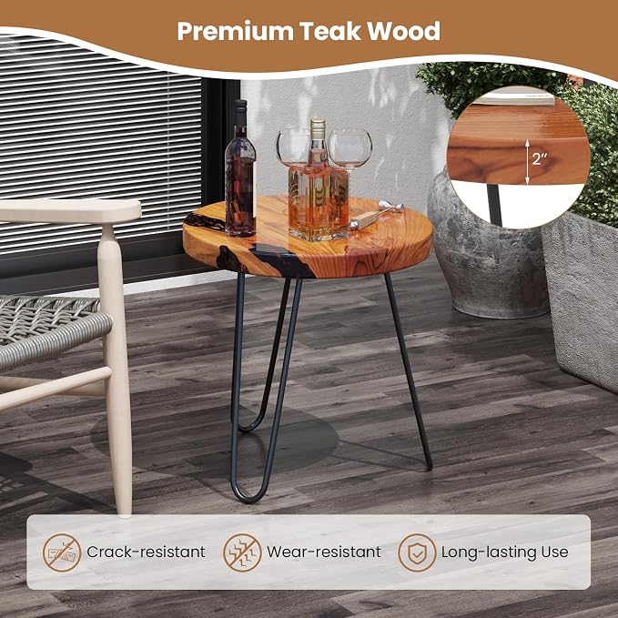 Giantex Outdoor Side Table Teak Wood - 20” Round End Table with Epoxy Resin Tabletop, Solid Live Edge, Metal Frame, Rustic Sofa and Couch Table for Patio, Porch, Poolside, Living Room, Yard, Brown