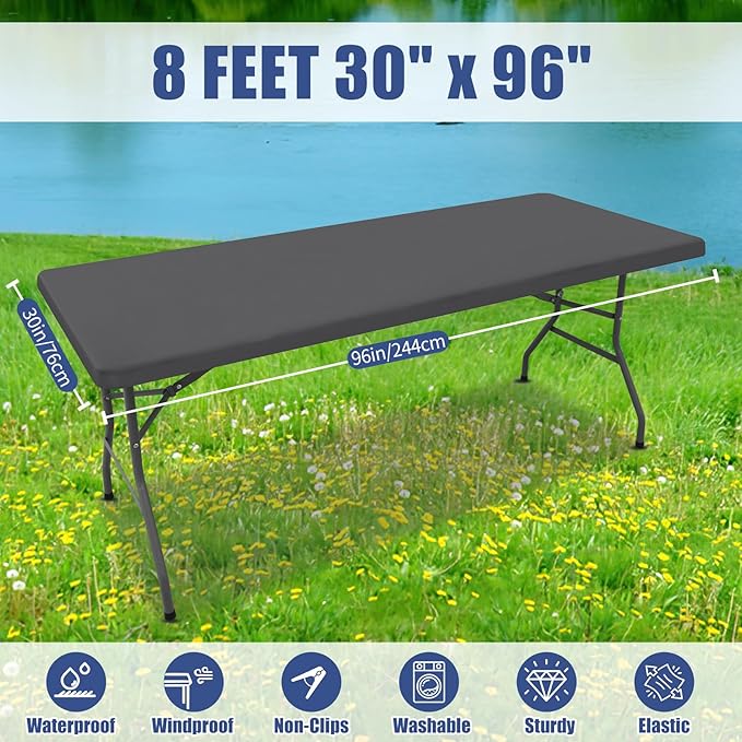 Moosfor Spandex 8 Foot Rectangle Table Cloth 2 Pack, Elastic Fitted Tablecloths for Picnic, Stretch Washable Patio Table Cover for Outdoor, Camping, Banquet and Parties (Dark Grey, 30"x96")