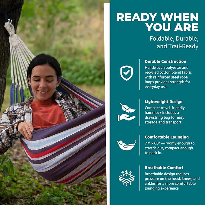 Bliss Hammocks 60" W Double Outdoor Hammock with Hand-Woven Rope Loops & Tree Straps, Patio, Durable, Cotton/Polyester, 265 Lbs Capacity, Patriotic Stripe