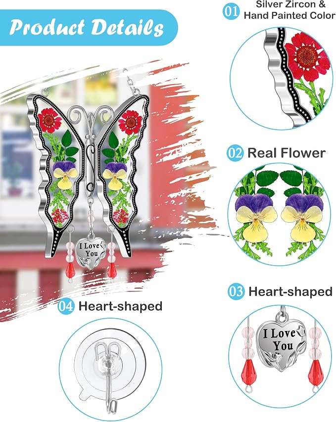 KY&BOSAM Butterfly Glass Pressed Flower Suncatchers Window Hanging | I Love You Charm Sun Catchers Wind Chime Ornament,Dried Flowers and Metal, Mothers Day Gifts for Mom Birthday Christmas