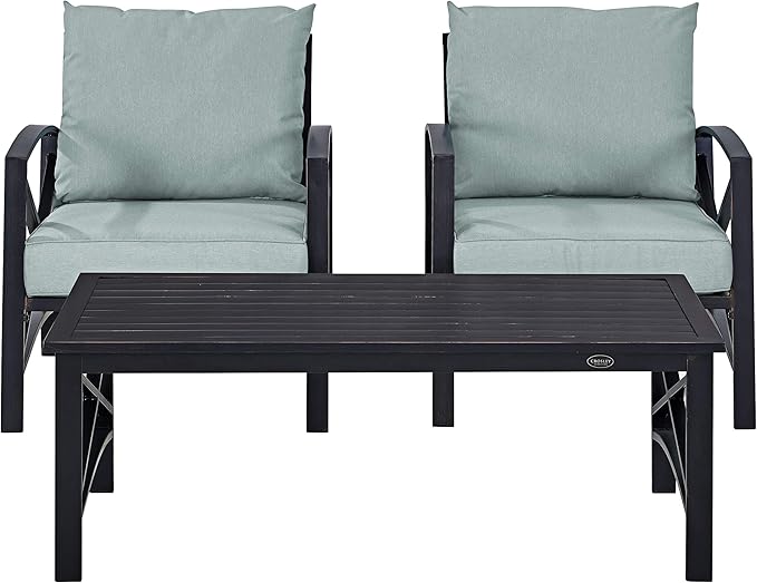 Crosley Furniture Kaplan 3-Piece Outdoor Chair and Coffee Table Set, Wicker Patio Conversation Sets for Deck, Oiled Bronze with Mist Cushions