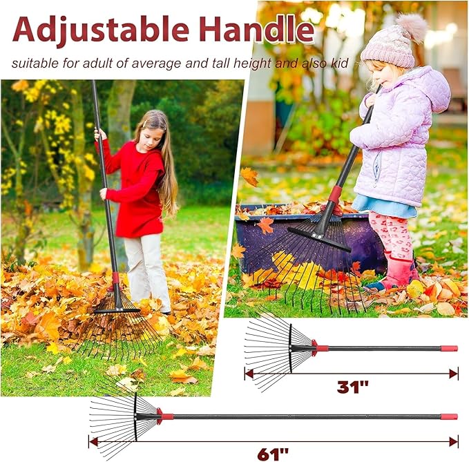 61Inch Adjustable Metal Leaf Rake, 18 Metal Tines Heavy Duty Leaves Rake for Lawns with 8-18" Expandable Head Long Handle Garden Rakes for Women Kids Leaves Yard Gardening Grass Outdoor Camping Debris