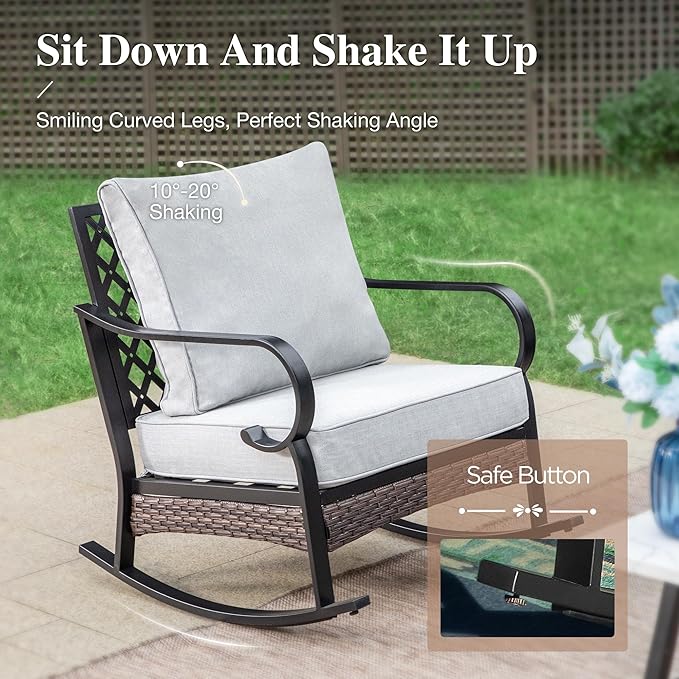 HERA'S HOUSE 6 Piece Metal Patio Furniture Set, All Weather Outdoor Conversation Set with 3-Seat Sofa, 2 Rocking Chairs, 2 Fixed Chairs & Coffee Table, 7 Seats for Backyard, Garden, Deck, Light Grey