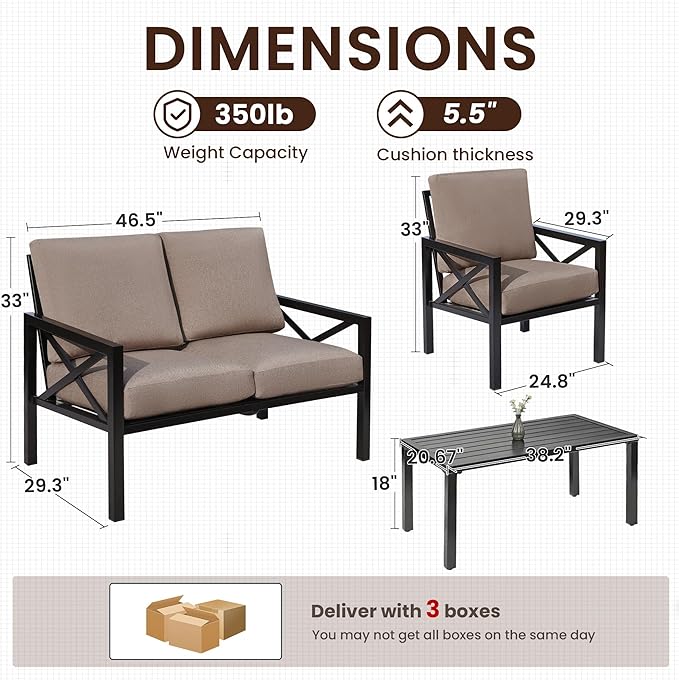 NATURAL EXPRESSIONS Outdoor Patio Furniture 4 Pieces Set, Modern Patio Conversation Sets, Outdoor Sectional Metal Sofa with 5.5 Inch Cushion and Coffee Table,Shale