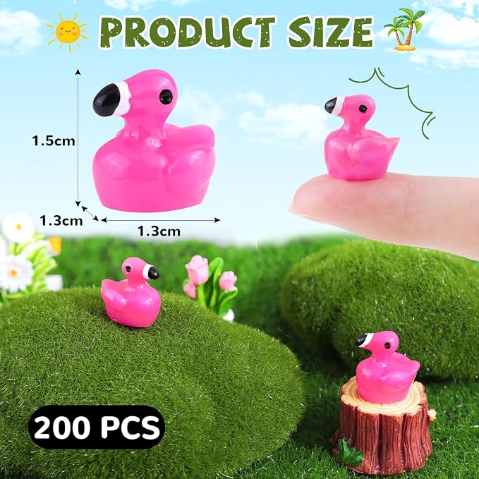 200PCS Mini Resin Animals Cute Rose Pink Tiny Flamingo Ducks, Miniature Figures to Hide, Small Animal Accessories Bulk for Topper Garden Dollhouse Landscape Aquarium Ornaments DIY Crafts & Decor