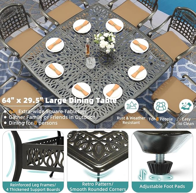 MEETWARM 9-Piece Outdoor Patio Dining Set for 8, All Weather Cast Aluminum Patio Funiture Table and Chairs Set- Large 64" Square Table and 4 Swivel Rocker Chairs, 4 Stationary for Garden, Khaki