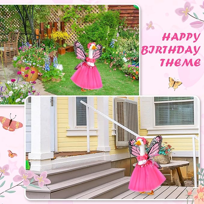 5pcs Butterfly Porch Goose Outfit Costume Tutu Skirt Butterfly Wing Wand Flower Crown for 17‘' 23‘' Cement Goose
