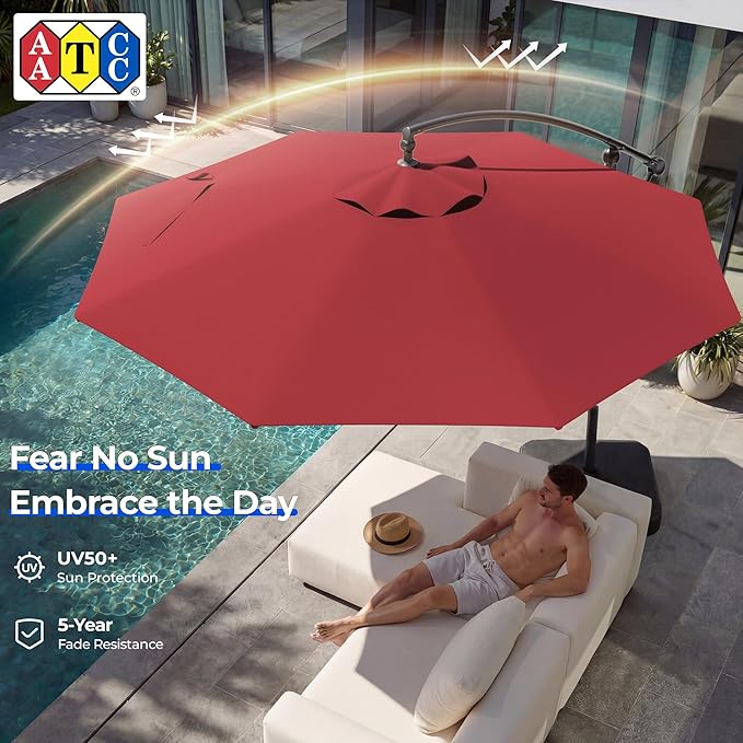 HOMSHADE 10ft Patio Umbrella with Base Included, Cantilever Umbrella UPF50+ UV Protection with Easy Tilt and Crank for Pool Deck and Garden(Red)