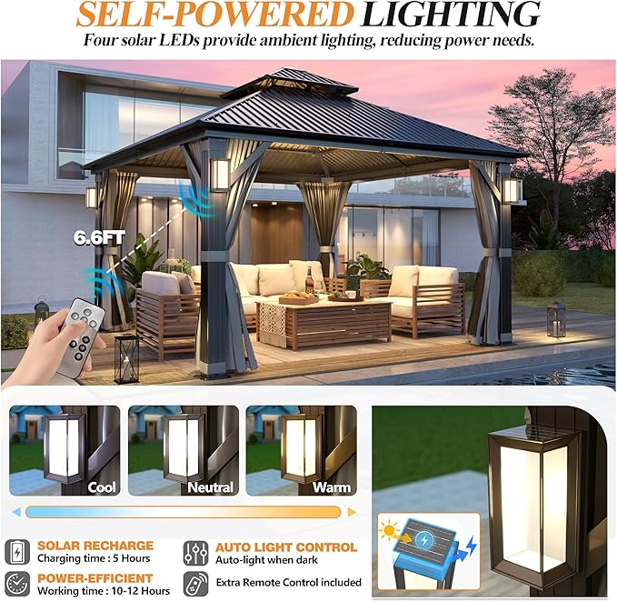 GARTOO 12'x12' Outdoor Hardtop Gazebo with Double Roof - Heavy-Duty Galvanized Steel Top Aluminum Frame Gazebowith Solar LED Light, Breathable Netting & Privacy Curtain for Patio, Garden, Backyard