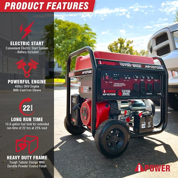 A-iPower 10700-Watt Electric Start Portable Generator Gas Powered, Heavy Duty Generator with 459cc OHV Engine for Home Use, Jobsite, Emergency, Power Outages (AP10700E) Red