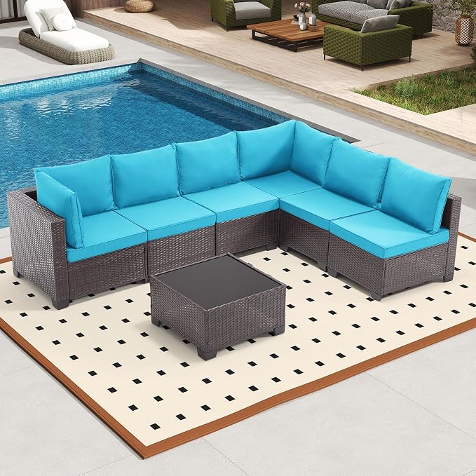 Bonzy Home 7 Pieces Outdoor Patio Furniture Set, PE Rattan Outdoor Sectional Furniture Sofa Set with Removable Cover and Glass Coffee Table, Patio Sofa for Balcony, Porch, Garden, (Brown-Turk Blue)