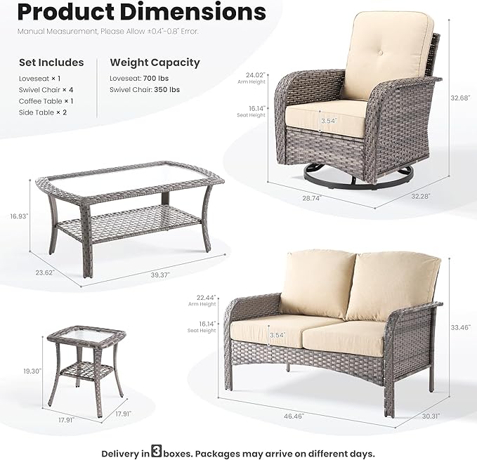 ovios 8-Piece Patio Furniture Set, Outdoor Wicker Sofa with Swivel Chairs Coffee Table, High Back Rattan Couch Loveseat with Comfy Cushions for Porch Yard Deck, Beige