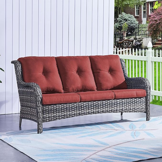 Rilyson Outdoor Couch Wicker Patio Sofa - 3 Seat Rattan Sofa with Deep Seating and Comfortable Cushions for Porch Deck Balcony Garden(Mixed Grey/Red)