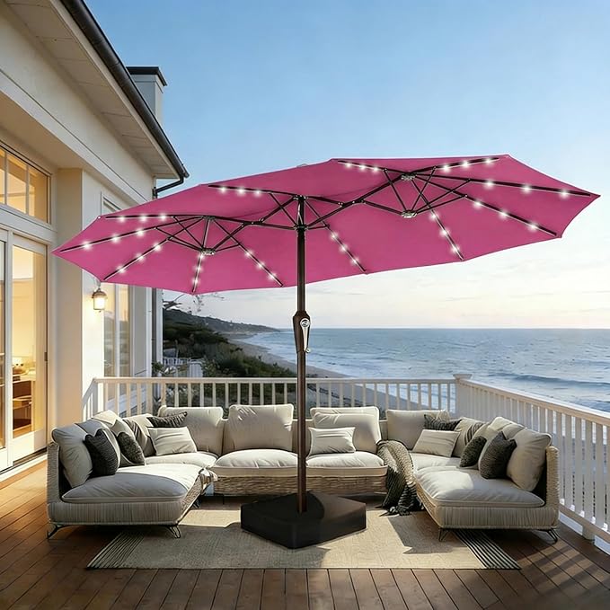 15FT Patio Umbrella with Solar Lights, Double-Sided Extra Large Outdoor Table Umbrella with Base Included, Heavy-Duty 12 Iron Ribs Market Umbrella for Garden, Pool, Backyard, Rose Pink