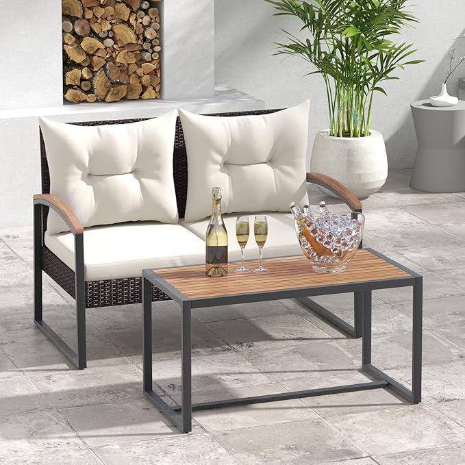 Tangkula 2 Pieces Patio Wicker Furniture Set, Heavy Duty Outdoor Cushioned Loveseat with Acacia Wood Coffee Table, for Backyard, Balcony, Deck and Poolside (Off White)