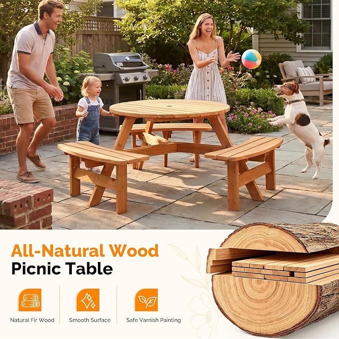 VINGLI Wood Picnic Table Outdoor Round Picnic Table with Umbrella Hole and 3 Built-in Benches, Outdoor Dining Tables and Chairs 300 LBS Bench Capacity (Natural, Round)
