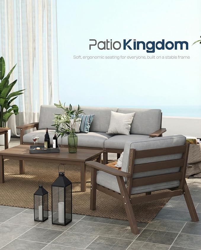 Patio Furniture Set with Washable Thick Gray Cushions, HDPE Outdoor Couch, All-Weather Outdoor Sectional Furniture, Patio Conversation Sets for Lawn, Garden, Porch (Brown Frame)