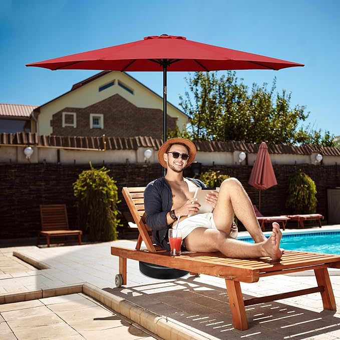 HealSmart 9' Outdoor Patio Umbrella, Market Table Umbrella with 8 Sturdy Ribs, Push Button Tilt and Crank for Garden, Yard, Pool, Red