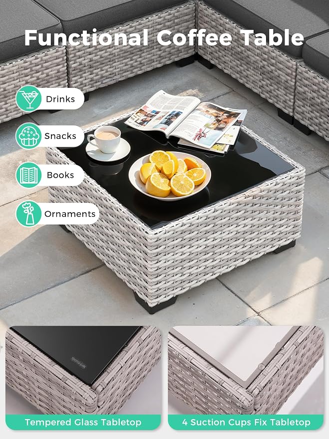 10 Piece Outdoor Wicker Patio Set with Swivel Chairs & Fire Pit Table, 7-Seats with 4" Thickened Cushions & Coffee Table, All-Weather PE Rattan for Garden, Backyard, Charcoal Gray