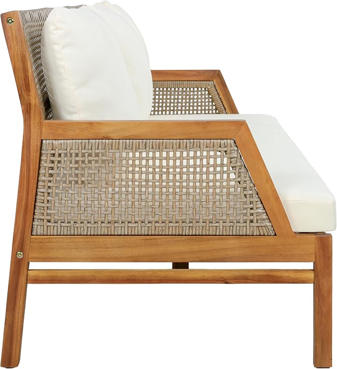 Christopher Knight Home Pony 3 Piece Acacia Wood Patio Conversation Sofa with Coffee Table and Ottoman, Outdoor 3-Seater Sofa Set for Backyard, Outdoor Patio Furniture Set, Teak+Cream+Brown