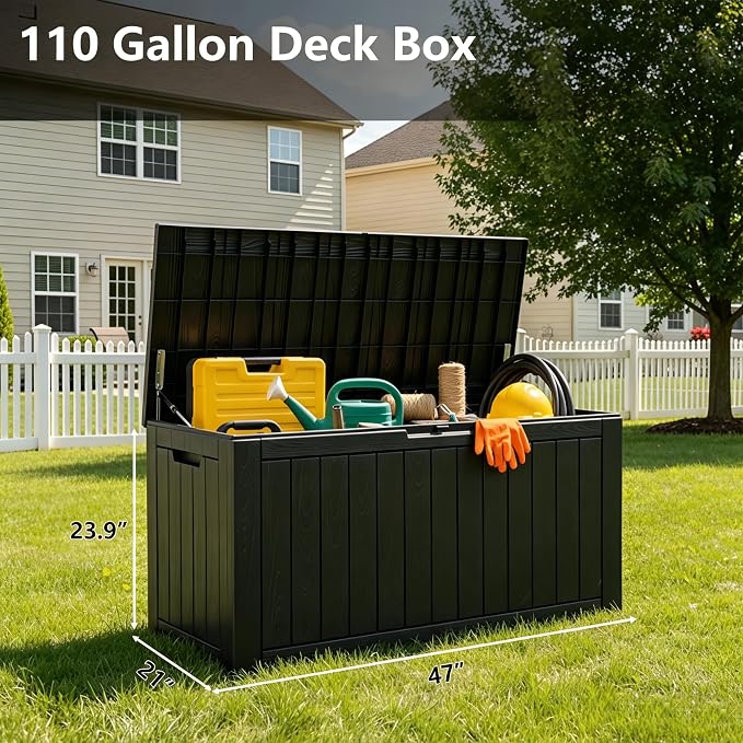 KAMABOKO 110 Gallon Waterproof Large Resin Deck Box, Lockable Large Outdoor Storage Box Indoor Outdoor Storage Container for Patio Cushions, Gardening Tools, Pool Supplies, Black