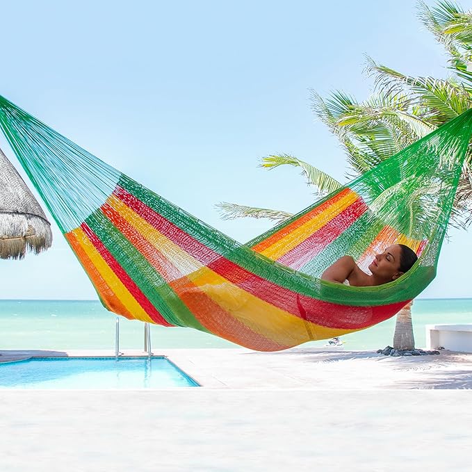 NOVICA Green Yellow Red Striped Hand Woven Cotton Mayan 2 Person XL Rope Hammock, 'Colima' (Double)