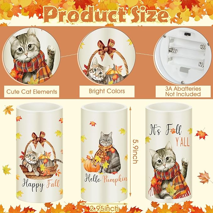 Retisee 3 Pcs Fall Flameless LED Candles Autumn Cat Pumpkin Flameless LED Candles for Bedroom Living Room Fall Thanksgiving Day Decorations