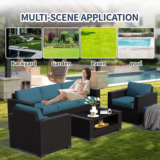 SHGJ&SOFT 7 Piece Patio Furniture Set, Wicker Outdoor Sectional Sofa with Washable Cushion Covers and Tempered Glass Table, Rattan Conversation Set for Poolside