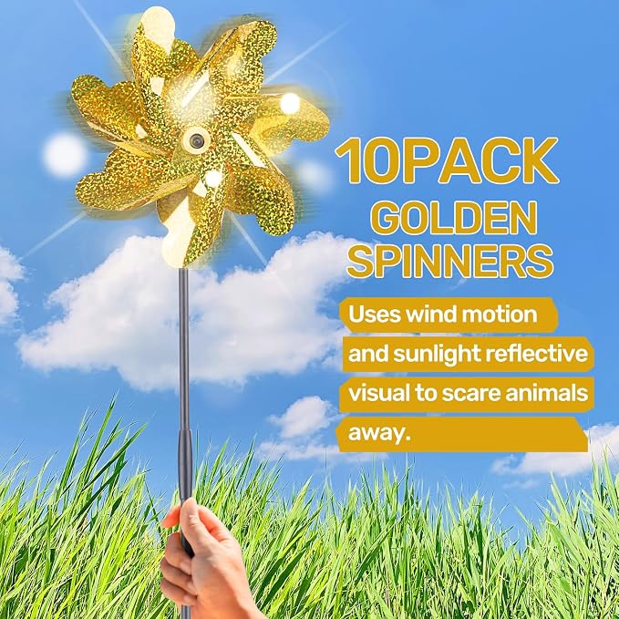 BATTIFE Preassembled Reflective Pinwheels for Yard & Garden, Gold, 10 Pack | Sparkly Reflective Material Spinner, Spins Best in Steady Wind, Animal-Deterrent Results Vary by Placement and Conditions