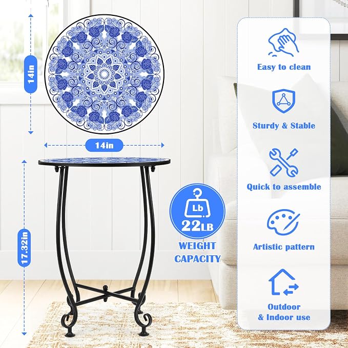 14'' Outdoor Round Side Table, Blue and White Porcelain Pattern Plant Stand,Mosaic End Table,Bistro Accent Table for Garden Yard Parch Balcony,Dark Blue
