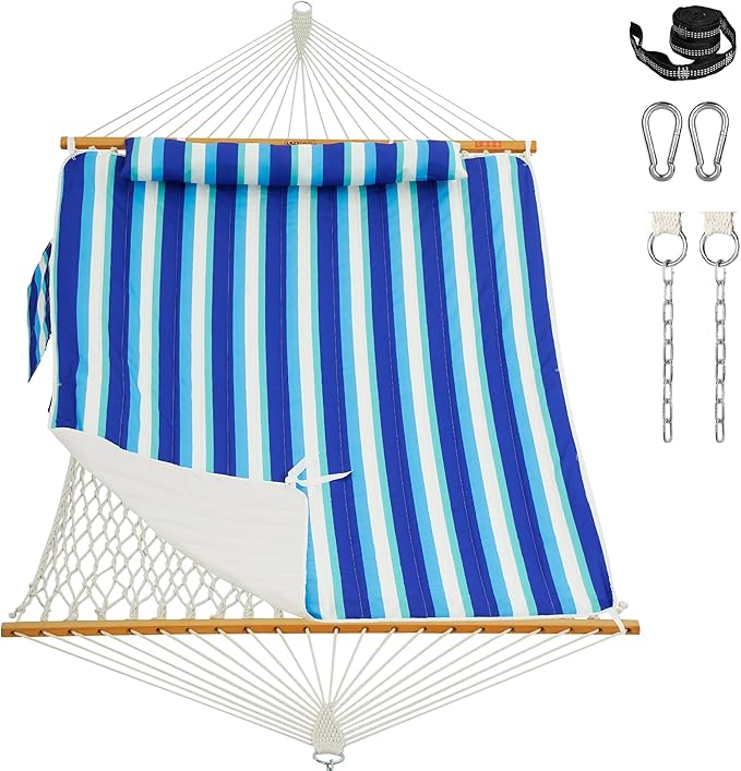 Lazy Daze Hammocks Rope Hammock with Pad, Spreader Bar, Carabiners, Tree Straps, Chains for Outside Patio- Max 450 Lbs, Ocean Stripes
