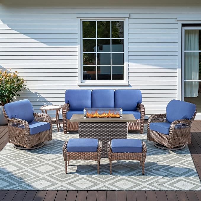 Patio Furniture Set with Fire Pit Table - 7 Pieces All-Weather Wicker Outdoor Furniture with High Back Swivel Chairs Set of 2 Outdoor Couch & Side Table for Deck Balcony Backyard Blue