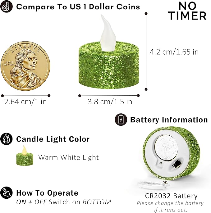 FURORA LIGHTING Green Glitter LED Tealight Candles Pack of 12, Flameless Flickering Tealight Candles for Home Décor, 1.5’’(W) x 1.65’’(H), Battery Operated
