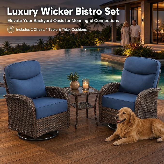 HUMMUH 3-Piece Outdoor Wicker Swivel Rocker Patio Set, High Back | 6 in Olefin seat and back cushions, PE rattan, steel frames, 350 lb chair capacity, for deck, yard, and poolside